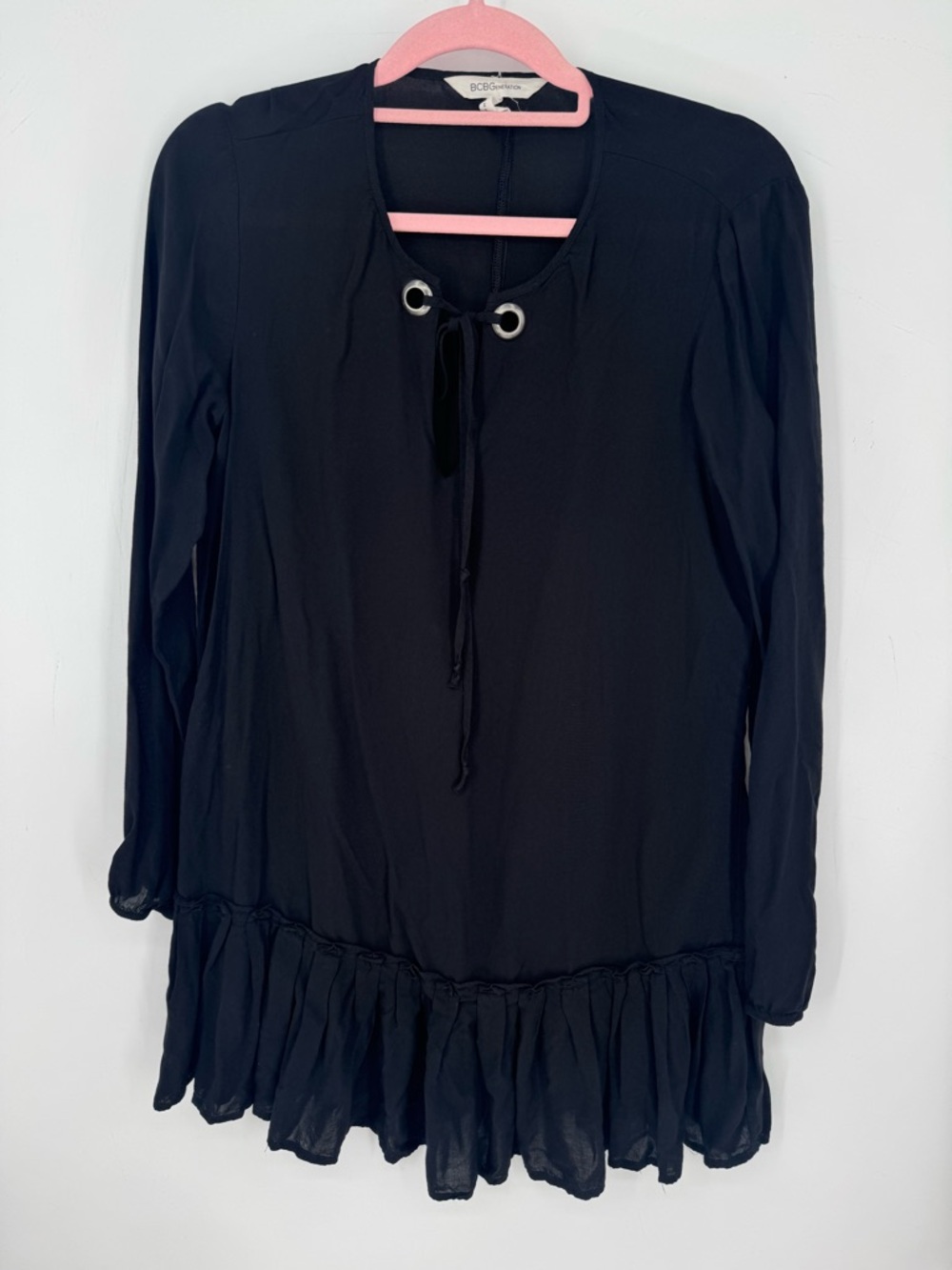 BCBGeneration Black Tie-Neckline Ruffle Hem Mini Dress Size Small